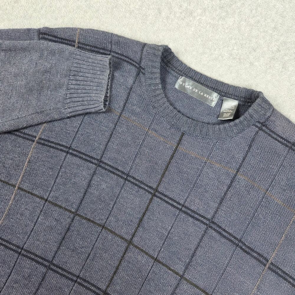 Oscar de la Renta Mens XL Gray Blue Grid Knit Pullover Sweater Long Sleeve